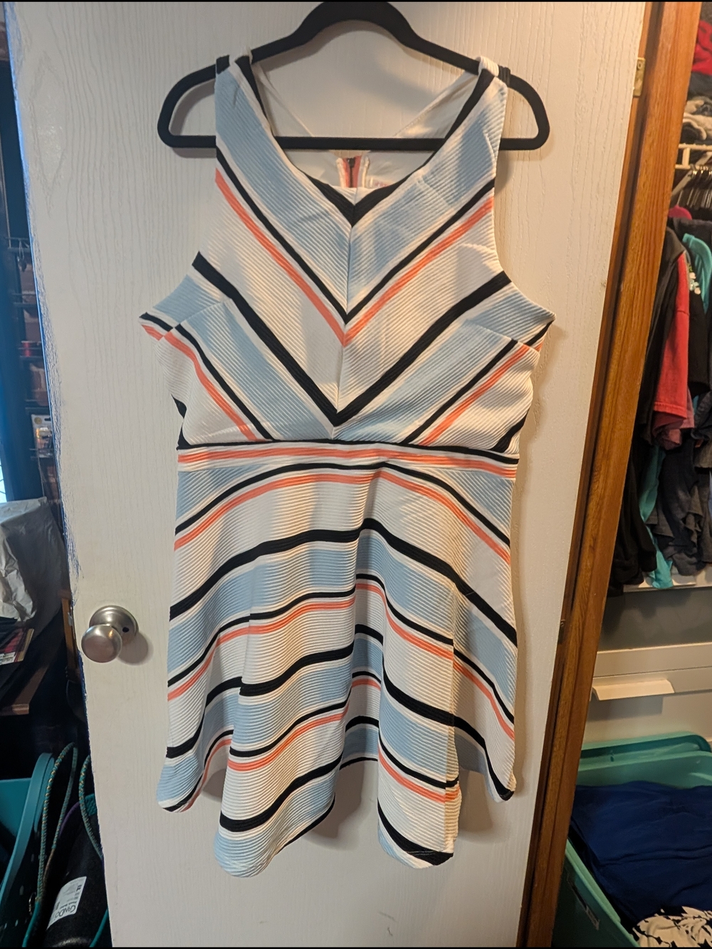 Xhilaration White Striped Fit-and-Flare Dress with Black & Coral Accents (C101)
